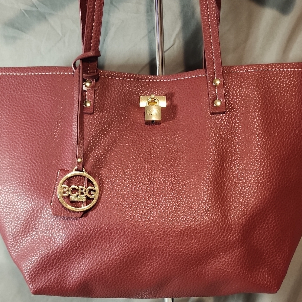 BCBG Dk Red NWOT Leather Tote with Gold Accents